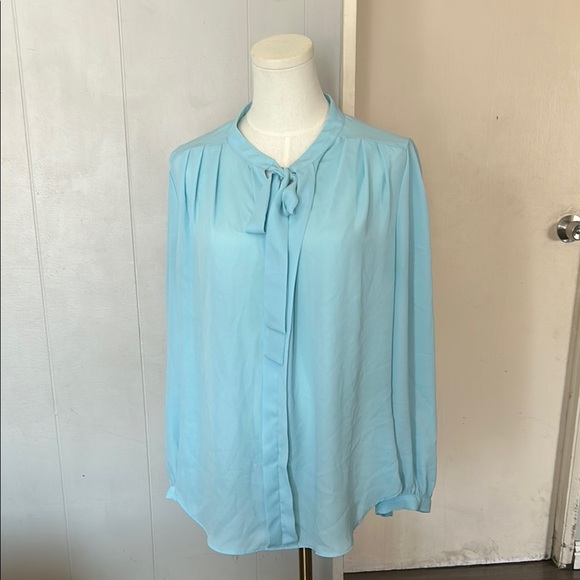 Powder Blue Long Sleeve Tie Front Blouse - Picture 1 of 8